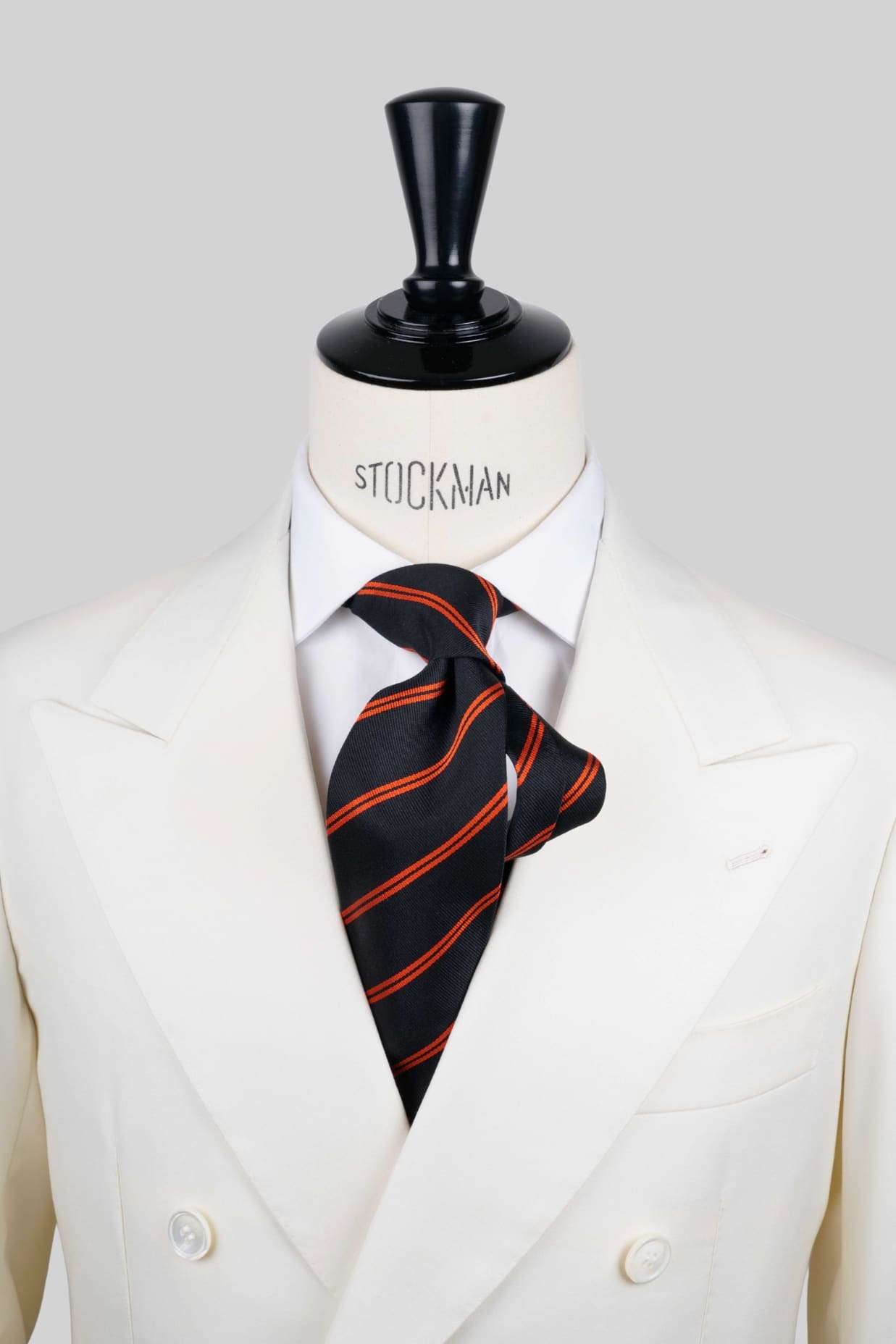 Cravate sartoriale à 3 plis, soie tissée bleu navy, rayures orange