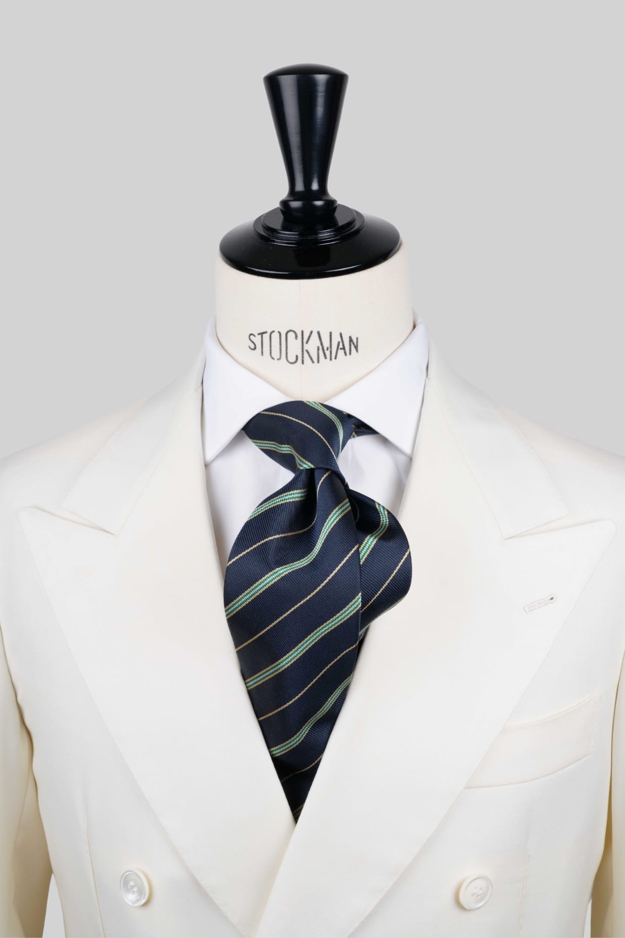 Cravate sartoriale à 3 plis, soie tissée bleu marine, rayée vert et doré