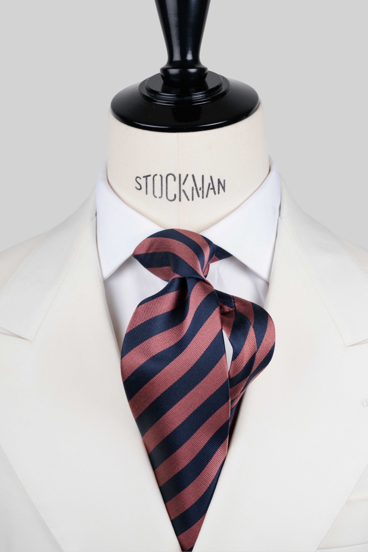 Cravate sartoriale à 3 plis, soie tissée rayures blocs, bleu navy et rose