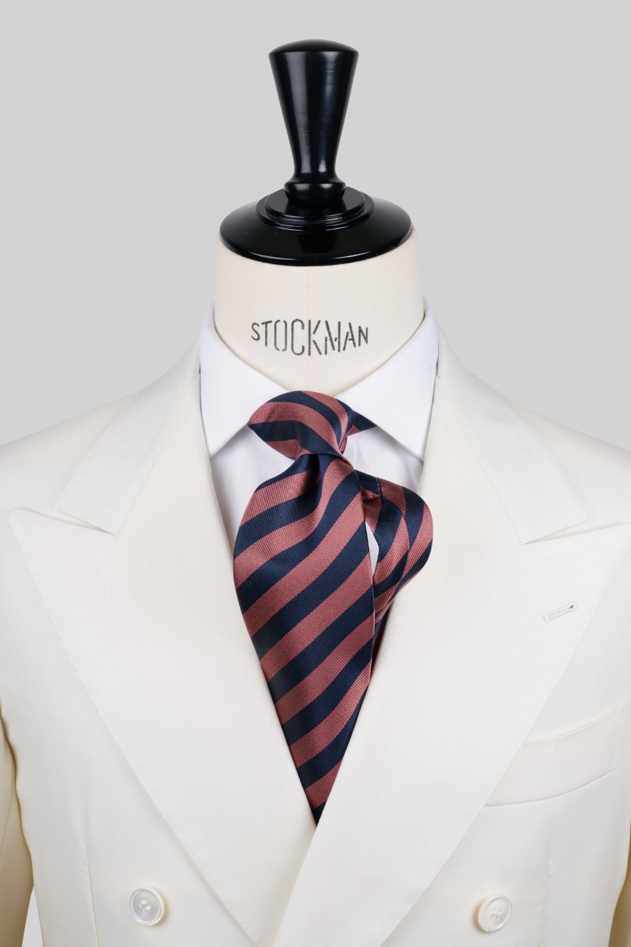 Cravate sartoriale à 3 plis, soie tissée rayures blocs, bleu navy et rose