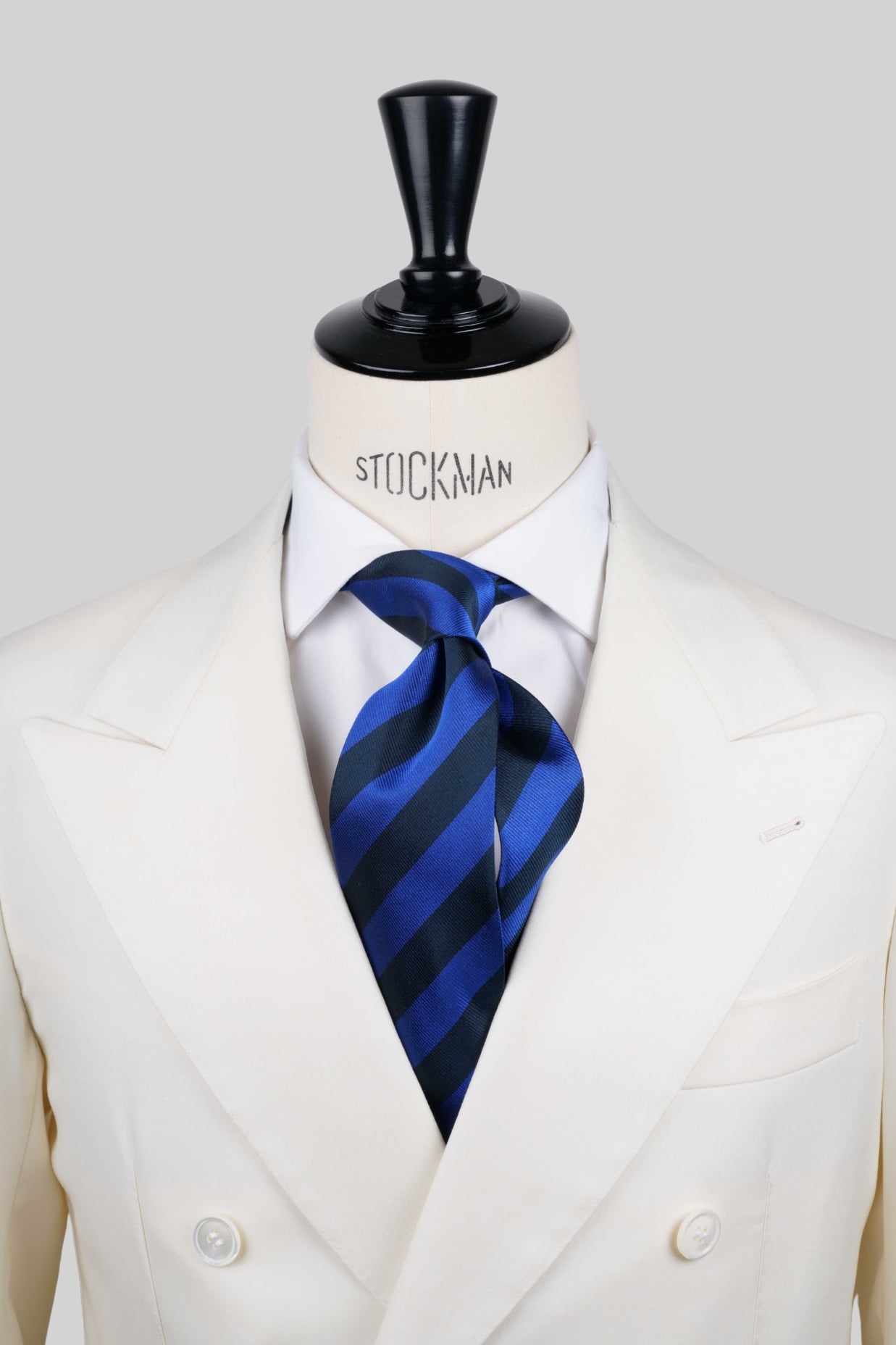 Cravate sartoriale à 3 plis, soie tissée rayures blocs, bleu navy et marine