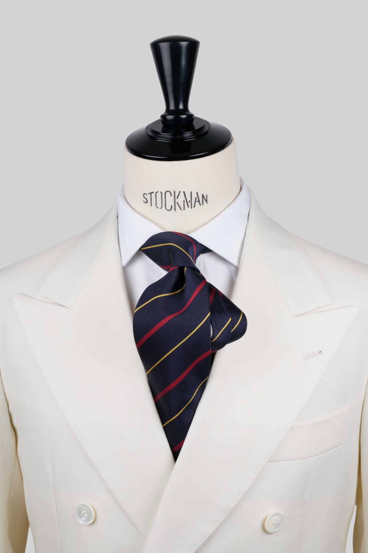 Cravate sartoriale à 3 plis, soie tissée bleu marine, rayures doré et rouge