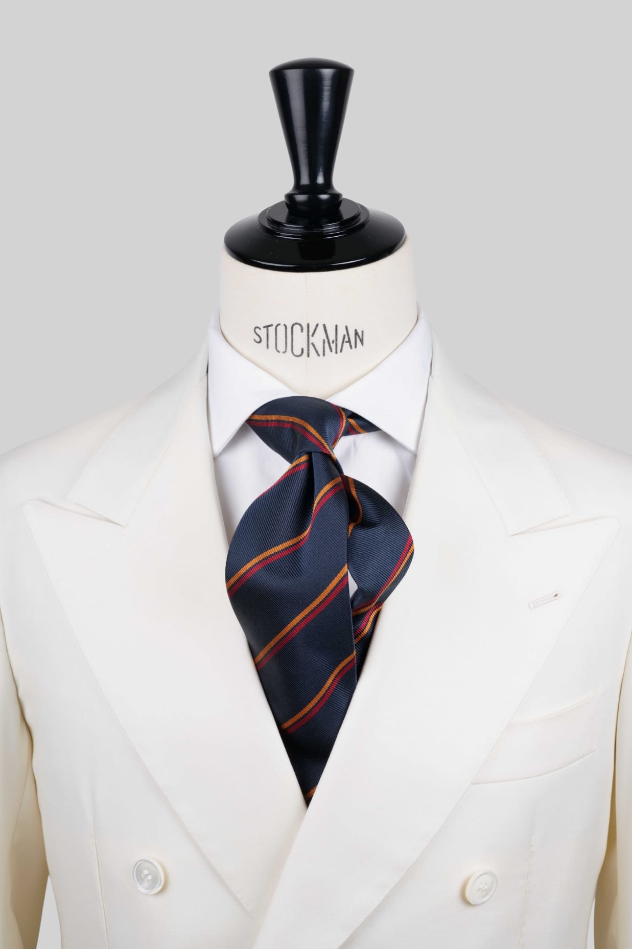 Cravate sartoriale à 3 plis, soie tissée bleu marine, rayures orange et bordeaux